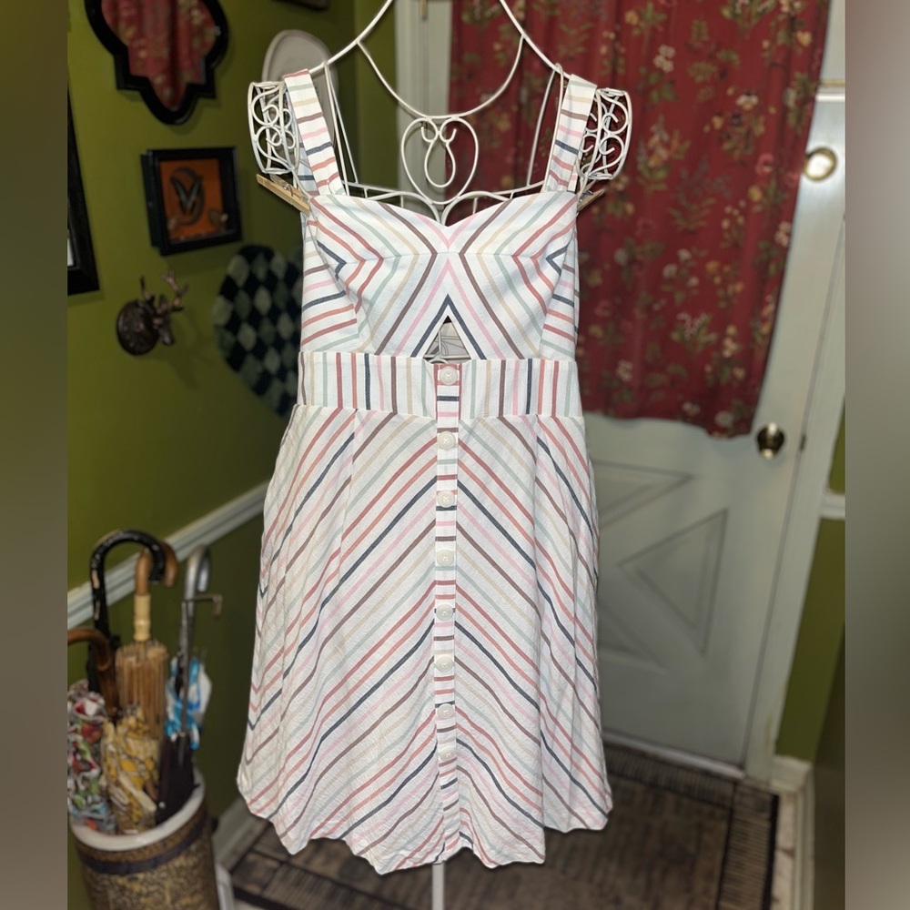Modcloth Sunset Cruise Just For You Ivory Pink Blue Green Stripe Dress 16W